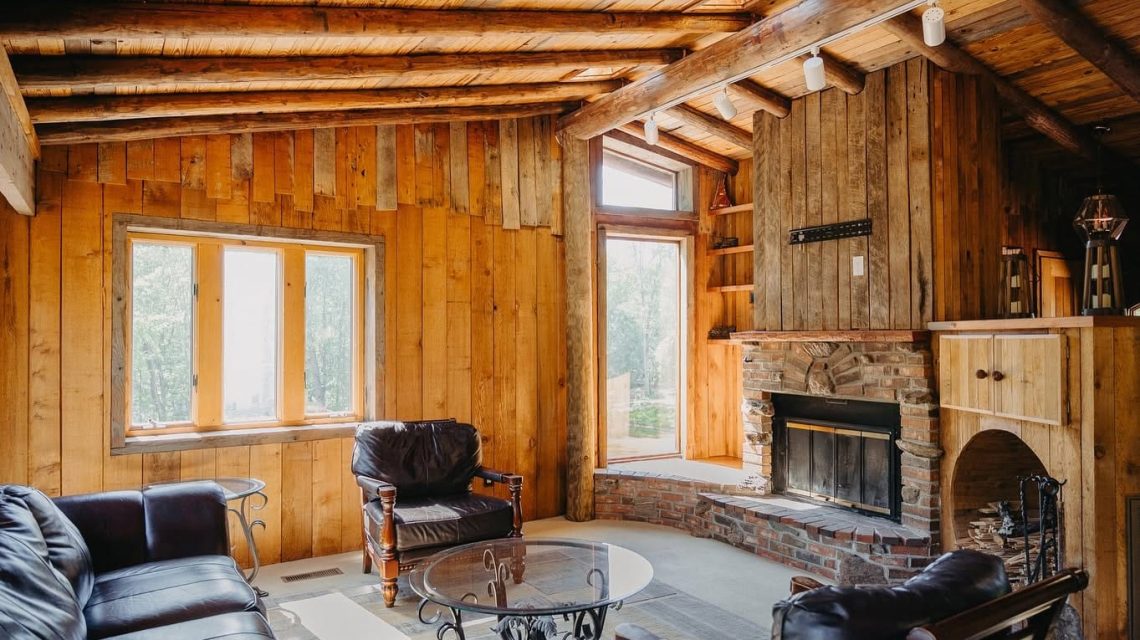 Old Mill Village Camp 11 Cozy wooden cabin living room interior