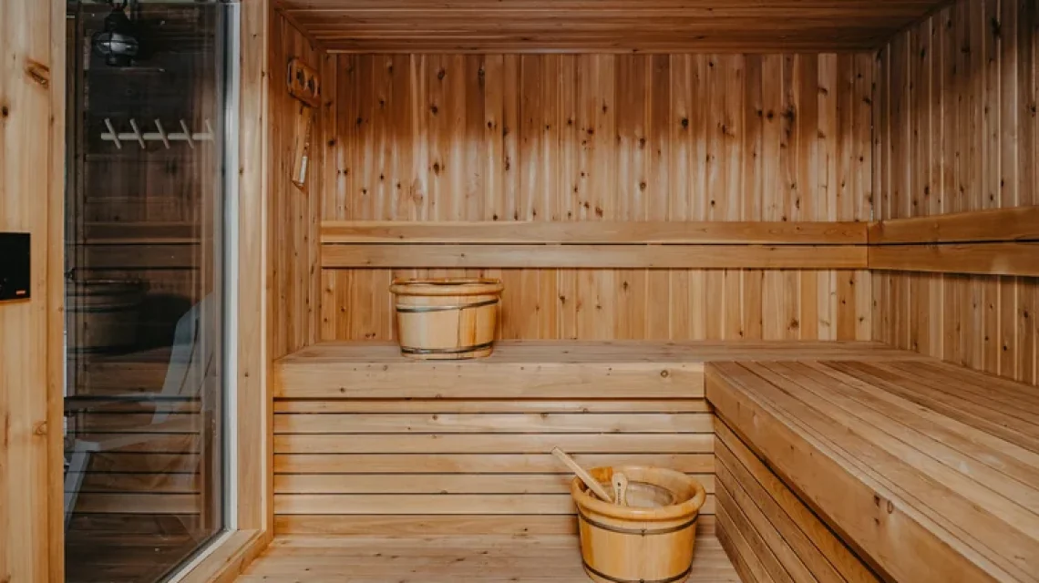 Sauna at Old Mill Village 12 Wooden sauna with buckets and benches in Campobello, CS